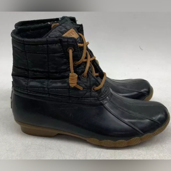 Sperry Saltwater Shiny Black Quilted Duck Boots Size 8 Pre-owned Exc MSRP $110 - Picture 4 of 7